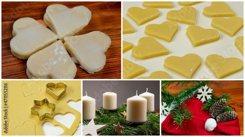 Christmas collage: Santa hat, pine cones, Advent wreath, branches, candles, cookies, cookie cutter, dough 