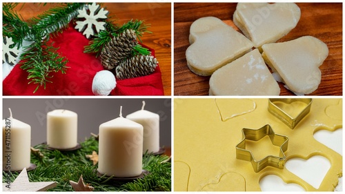 Christmas collage: Santa hat, pine cones, Advent wreath, branches, candles, cookies, cookie cutter, dough 