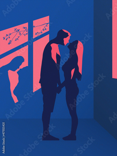 Kissing couple. Lovers silhouette at window. Home self-isolation