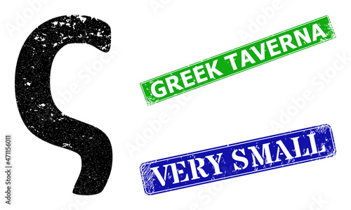 Grunge Sigma Greek lowercase letter icon and rectangle dirty Greek Taverna seal. Vector green Greek Taverna and blue Very Small imprints with grunge rubber texture,