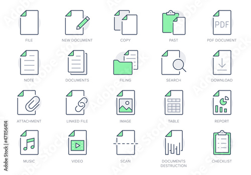 File line icons. Vector illustration include icon - paper, pdf, pen, document, checklist, page, image, sheet, copy, photo outline pictogram for web attachment. Green Color, Editable Stroke