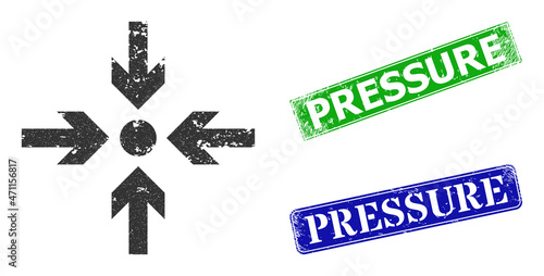 Grunge meeting point icon and rectangular rubber Pressure seal stamp. Vector green Pressure and blue Pressure imprints with unclean rubber texture, designed for meeting point illustration.
