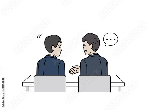 アドバイスするスーツ姿の男性　話し合い　助言　会話　同僚　仲間　イラスト素材