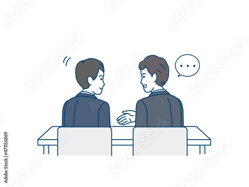 アドバイスするスーツ姿の男性　話し合い　助言　会話　同僚　仲間　イラスト素材