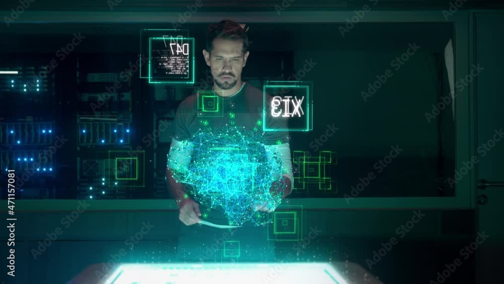 Independent MIT Scientist and Artificial Intelligence Developer Working with Futuristic Holographic Neural Network Interface. Virtual Augmented Reality of Digital Brain. Datacenter Research Facility.
