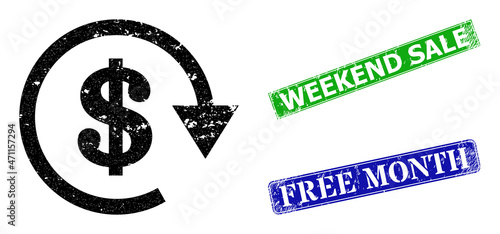 Grunge dollar repay icon and rectangle rubber Weekend Sale seal. Vector green Weekend Sale and blue Free Month watermarks with distress rubber texture, designed for dollar repay illustration.