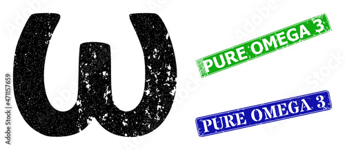 Grunge Omega Greek lowercase symbol icon and rectangle rubber Pure Omega 3 stamp. Vector green Pure Omega 3 and blue Pure Omega 3 watermarks with grunge rubber texture,