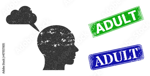 Grunge user mental cloud icon and rectangular textured Adult seal. Vector green Adult and blue Adult seals with grunge rubber texture, designed for user mental cloud illustration.