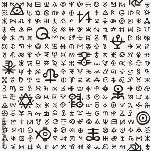 Vector seamless pattern with magical runes and esoteric signs. Abstract monochrome background with black mystical, occult symbols on a light backdrop. Ordered texture with a fictional runic alphabet
