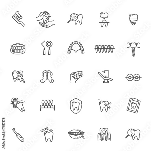 Thin line vector icons of dental clinic services, stomatology, dentistry, orthodontics
