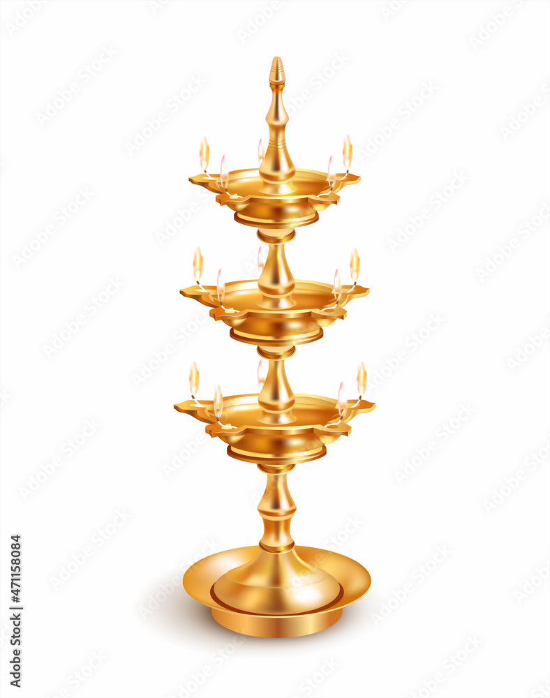 Indian gilded oil lamp diya isolated on white. Traditional element for ritual and religious ceremonies. Vector illustration.