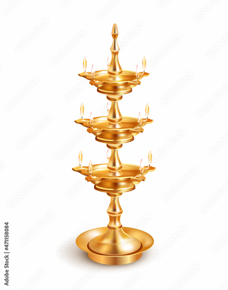 Indian gilded oil lamp diya isolated on white. Traditional element for ritual and religious ceremonies. Vector illustration. Indian gilded oil lamp diya isolated on white. Traditional element for ritual and religious ceremonies. Vector illustration.