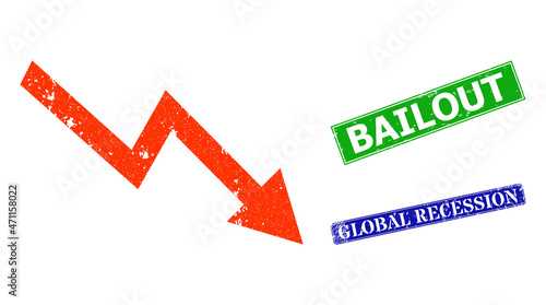 Grunge falling trend arrow icon and rectangle textured Bailout seal. Vector green Bailout and blue Global Recession imprints with grunge rubber texture,