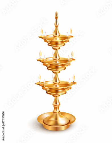 Indian gilded oil lamp diya isolated on white. Traditional element for ritual and religious ceremonies. Vector illustration.