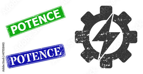 Grunge electrical industry icon and rectangle rubber Potence seal. Vector green Potence and blue Potence seals with retro rubber texture, designed for electrical industry illustration.