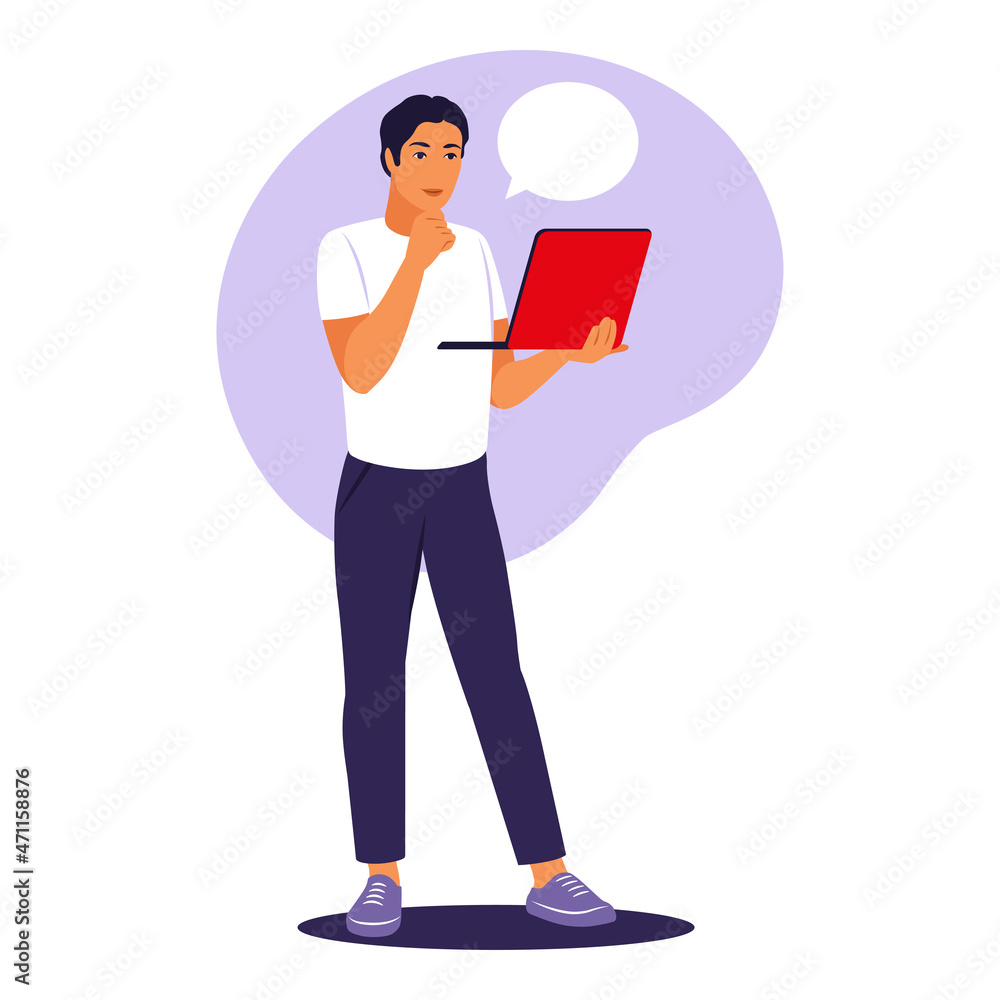 Man standing with laptop. Office worker, remote job concept. Vector illustration. Flat.