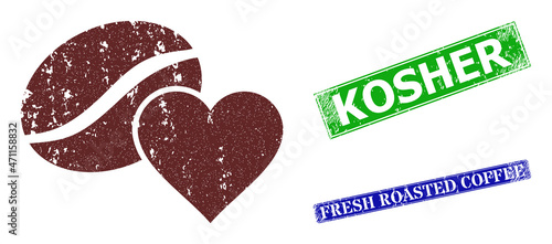 Grunge coffee love icon and rectangle textured Kosher seal. Vector green Kosher and blue Fresh Roasted Coffee seals with grunge rubber texture, designed for coffee love illustration.
