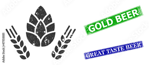 Grunge barley and hop icon and rectangle unclean Gold Beer seal stamp. Vector green Gold Beer and blue Great Taste Beer watermarks with unclean rubber texture,