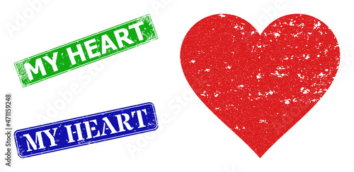 Grunge heart icon and rectangle unclean My Heart stamp. Vector green My Heart and blue My Heart imprints with grunge rubber texture, designed for heart illustration.