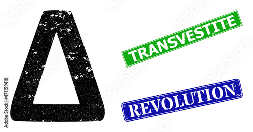 Grunge Delta Greek symbol icon and rectangular rubber Transvestite seal stamp. Vector green Transvestite and blue Revolution imprints with distress rubber texture,