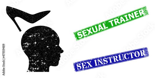 Grunge female domination icon and rectangular rubber Sexual Trainer seal. Vector green Sexual Trainer and blue Sex Instructor seals with unclean rubber texture,