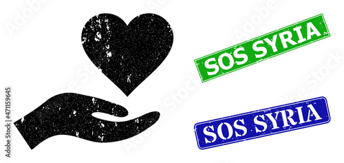 Grunge heart donation icon and rectangular unclean Sos Syria stamp. Vector green Sos Syria and blue Sos Syria seals with grunge rubber texture, designed for heart donation illustration.