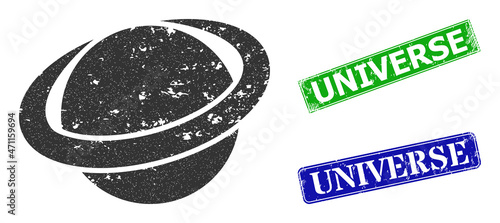 Grunge planet circle icon and rectangular rubber Universe seal. Vector green Universe and blue Universe imprints with distress rubber texture, designed for planet circle illustration.