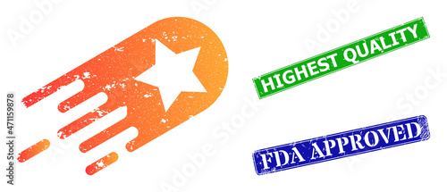 Grunge star bolide icon and rectangular scratched Highest Quality seal. Vector green Highest Quality and blue FDA Approved seals with grunge rubber texture, designed for star bolide illustration.