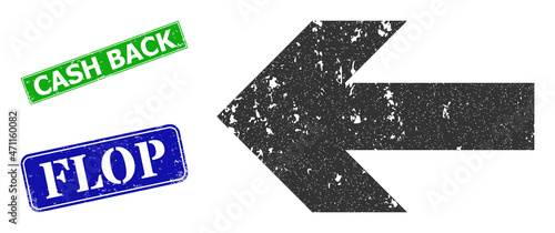 Grunge left arrow direction icon and rectangular rubber Cash Back stamp. Vector green Cash Back and blue Flop seals with grunge rubber texture, designed for left arrow direction illustration.