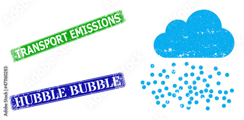 Grunge fog cloud icon and rectangle scratched Transport Emissions seal stamp. Vector green Transport Emissions and blue Hubble Bubble watermarks with scratched rubber texture,
