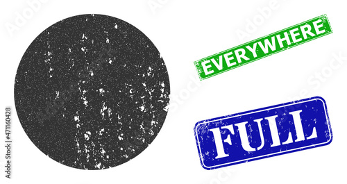 Grunge filled circle icon and rectangle dirty Everywhere stamp. Vector green Everywhere and blue Full imprints with grunge rubber texture, designed for filled circle illustration.