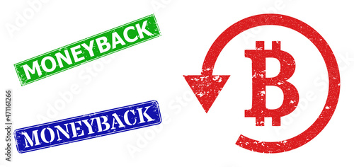 Grunge bitcoin refund icon and rectangle rubber Moneyback stamp. Vector green Moneyback and blue Moneyback imprints with unclean rubber texture, designed for bitcoin refund illustration.