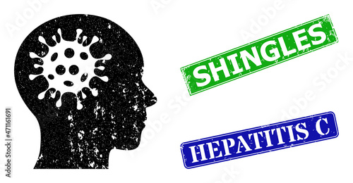 Grunge brain virus icon and rectangle rubber Shingles seal stamp. Vector green Shingles and blue Hepatitis C watermarks with grunge rubber texture, designed for brain virus illustration.
