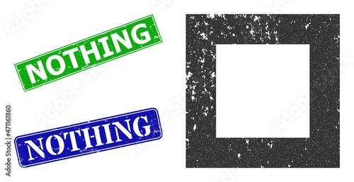 Grunge empty square icon and rectangle textured Nothing seal stamp. Vector green Nothing and blue Nothing watermarks with grunge rubber texture, designed for empty square illustration.