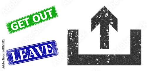 Grunge upload box icon and rectangle unclean Get Out seal stamp. Vector green Get Out and blue Leave imprints with unclean rubber texture, designed for upload box illustration.