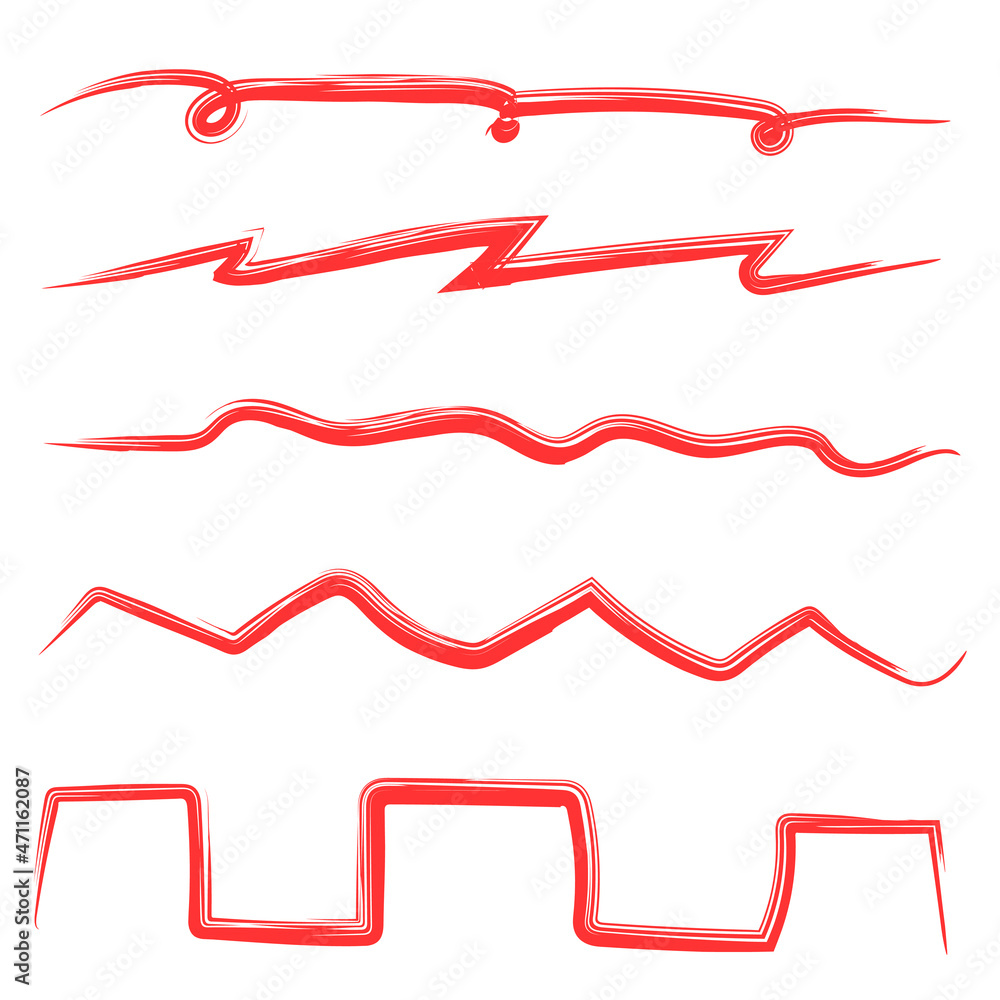 Red set of underlines hand drawn on white underground Red set of underlines hand drawn on white underground