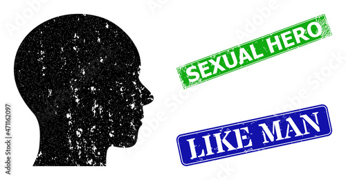 Grunge human head icon and rectangular rubber Sexual Hero seal stamp. Vector green Sexual Hero and blue Like Man watermarks with grunge rubber texture, designed for human head illustration.