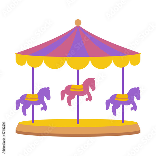 Carousel or merry-go-round with carousel horses for amusement ride in colorful vector icon