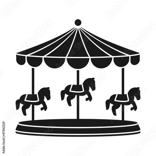 Carousel or merry-go-round with carousel horses for amusement ride in silhouette vector icon