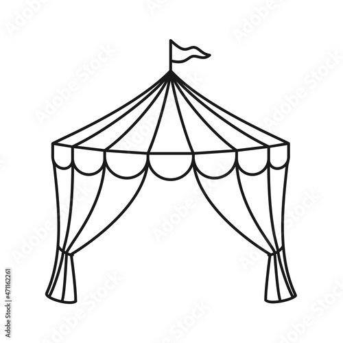 Open circus tent with flag as frame in outline vector icon