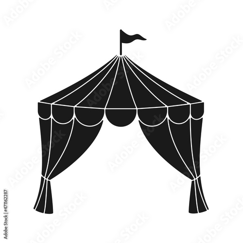 Open circus tent with flag as frame in silhouette vector icon