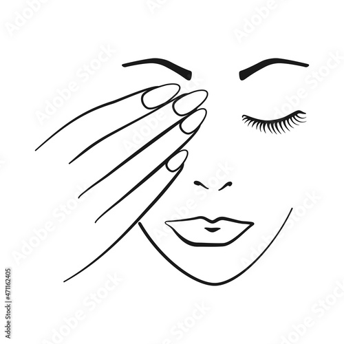 Woman's face makeup and hand with nails and lips, lashes and brows for beauty concept in vector