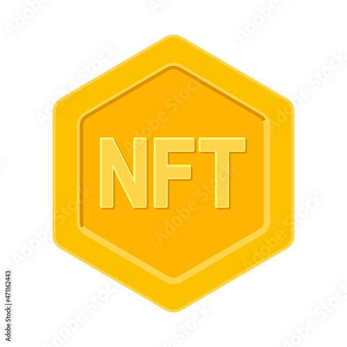 NFT or non-fungible token as hexagonal golden coin in vector icon