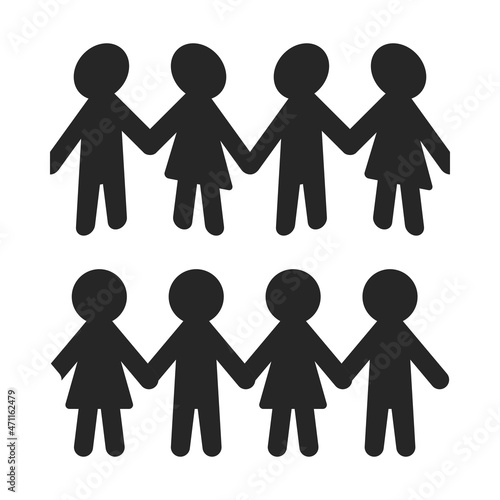 Chain of paper people or doll chain in repeating pattern silhouette as vector set