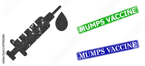Grunge vaccine icon and rectangle rubber Mumps Vaccine stamp. Vector green Mumps Vaccine and blue Mumps Vaccine seals with grunge rubber texture, designed for vaccine illustration.