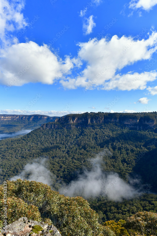 A view of mist in the Blue Mountains west of Sydney, Australia