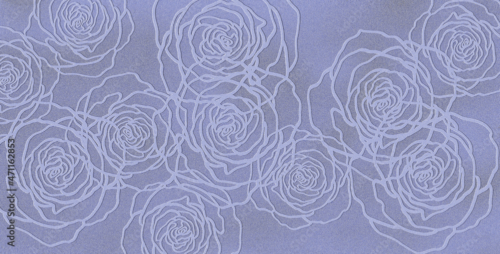 Tło z linearnym motywem kwiatów róży w odcieniu lawendowym. Grafika cyfrowa przeznaczona do druku na tkaninie, tapecie, płytkach ceramicznych, ozdobnym papierze. - obrazy, fototapety, plakaty 