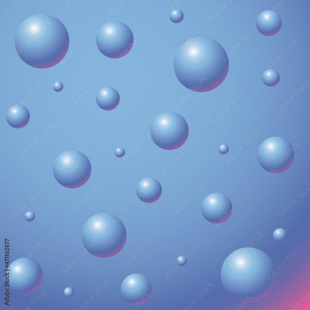 Water drops background. Abstract background with 3d geometric shapes. Notebook wrapper. Ads banner template. Dynamic wallpaper with balls or particles.Balls of different diameters background.