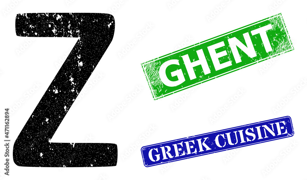 Grunge Zeta Greek symbol icon and rectangular rubber Ghent seal. Vector