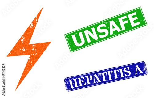 Grunge electrical hazard icon and rectangle textured Unsafe seal. Vector green Unsafe and blue Hepatitis A watermarks with grunge rubber texture, designed for electrical hazard illustration.